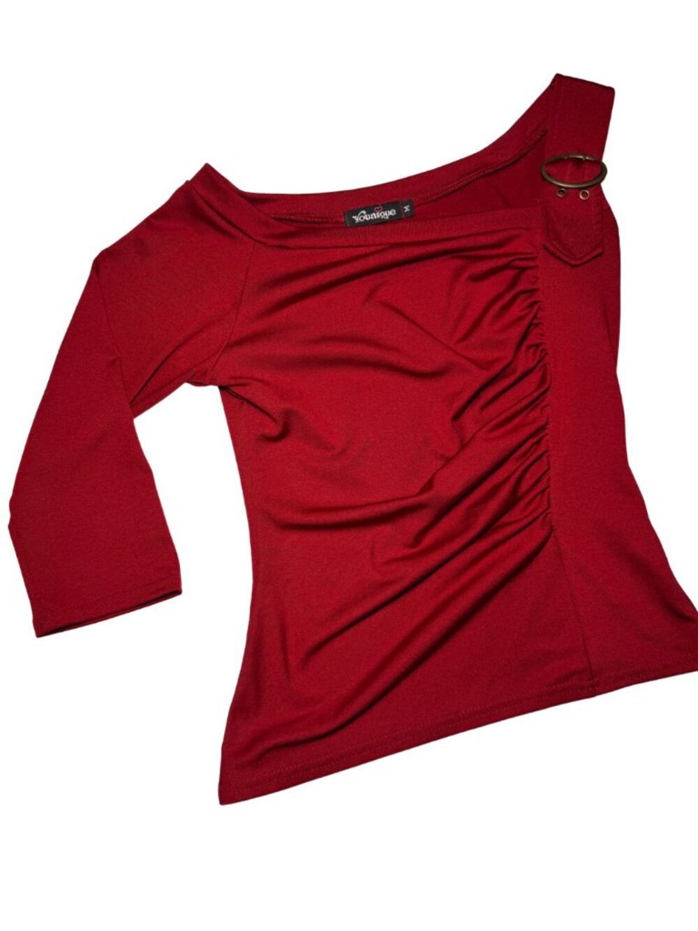 Red Quarter Sleeve top with brass hardware on the left shoulder